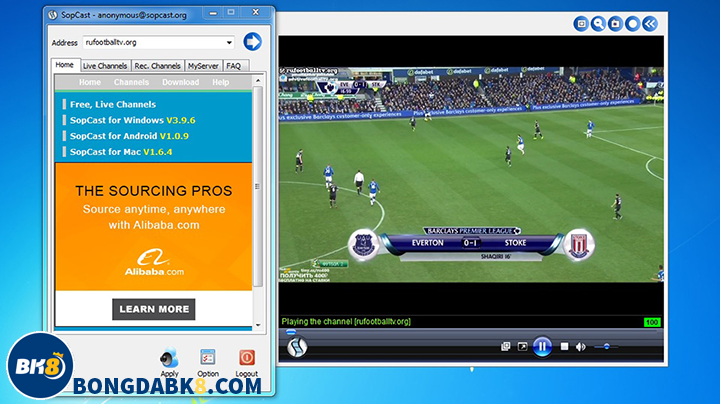 Ứng dụng xem bóng đá trực tuyến Sopcast.