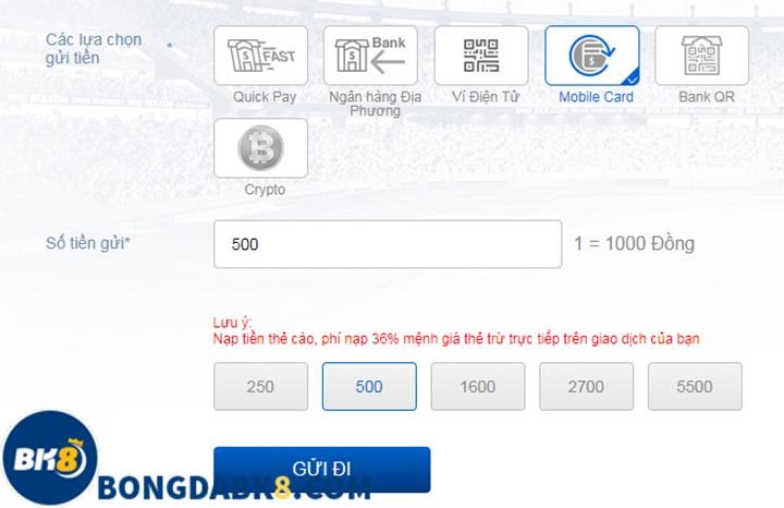 Cách gửi tiền BK8 bằng thẻ cào điện thoại