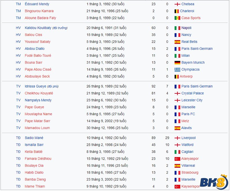danh sách cầu thủ senegal
