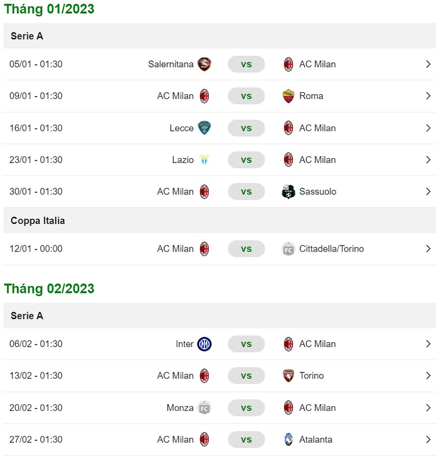 Lịch thi đấu AC Milan 2022/2023