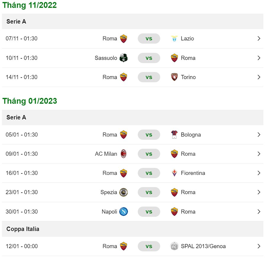 Lịch thi đấu AS Roma 2022/2023