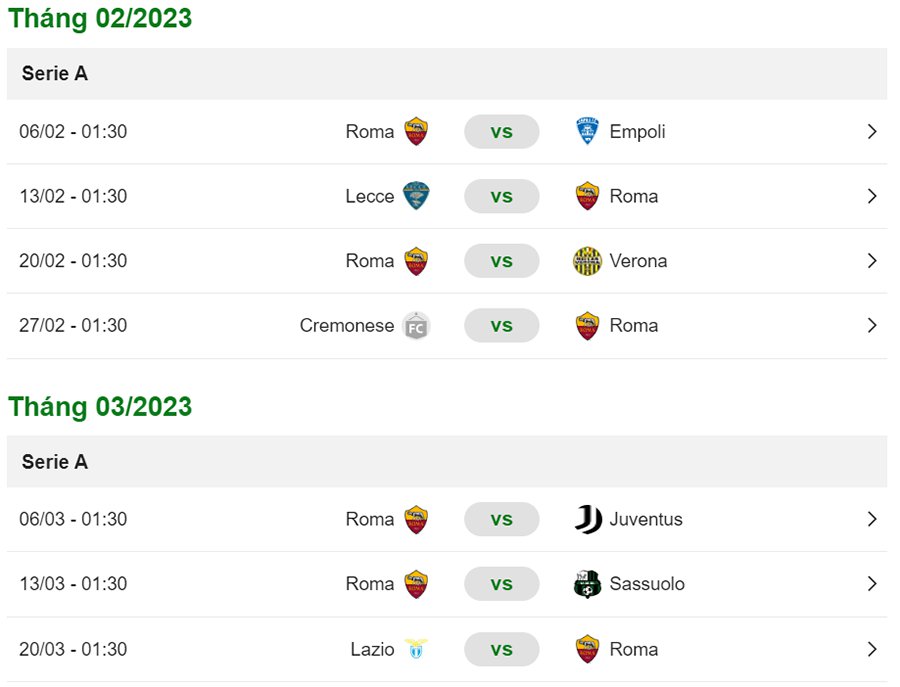 Lịch thi đấu AS Roma 2022/2023