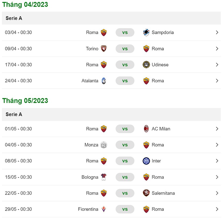 Lịch thi đấu AS Roma 2022/2023
