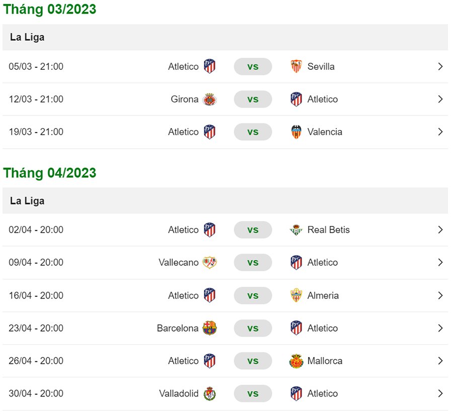 Lịch thi đấu Atletico Madrid mới nhất 2022