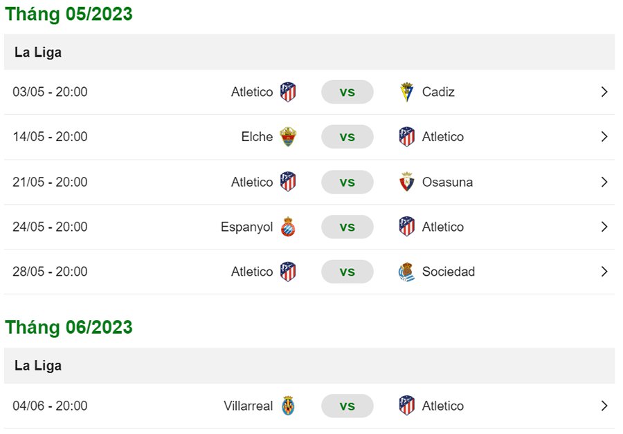 Lịch thi đấu Atletico Madrid mới nhất 2022