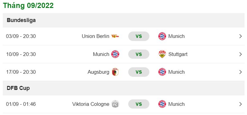 Lịch thi đấu của Bayern Munich tháng 9