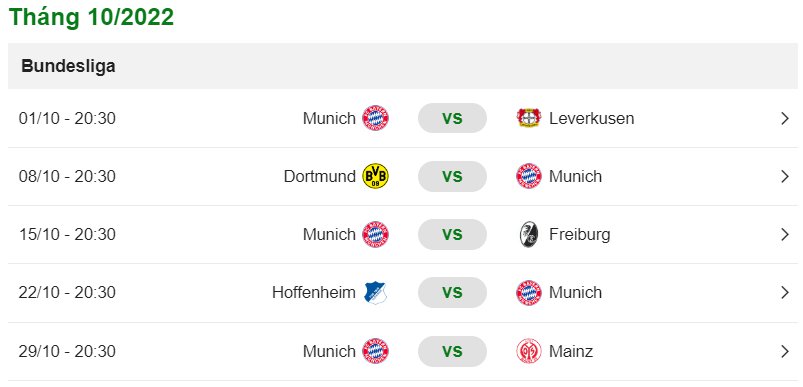 Lịch thi đấu của Bayern Munich tháng 10