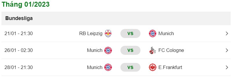 Lịch thi đấu của Bayern Munich tháng 1