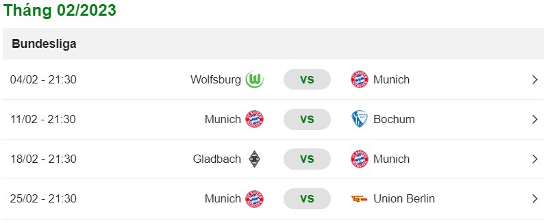 Lịch thi đấu của Bayern Munich tháng 2