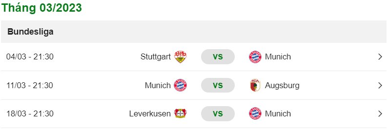 Lịch thi đấu của Bayern Munich tháng 3