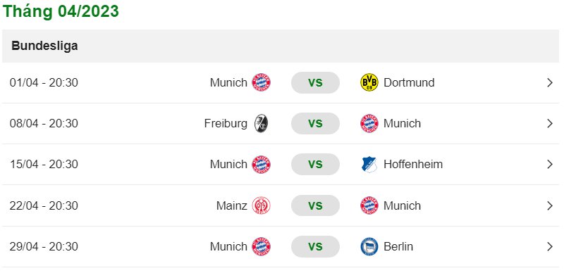Lịch thi đấu của Bayern Munich tháng 4