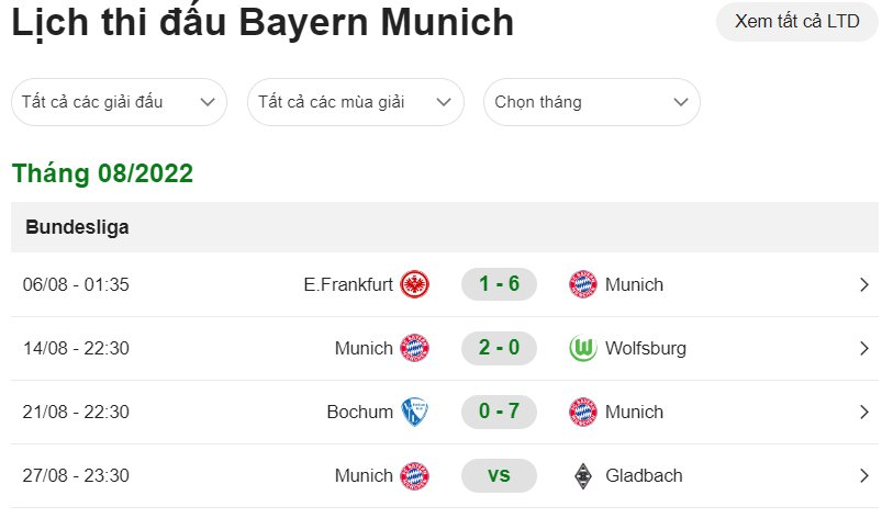 Lịch thi đấu của Bayern Munich tháng 8