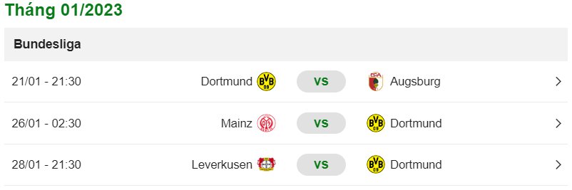 Lịch thi đấu của Dortmund 2023