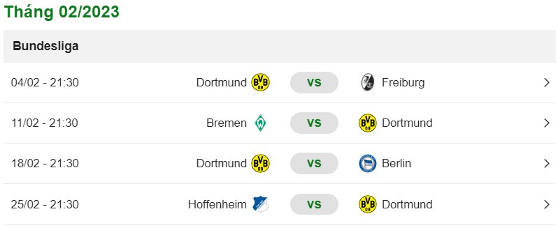 Lịch thi đấu của Dortmund 2023