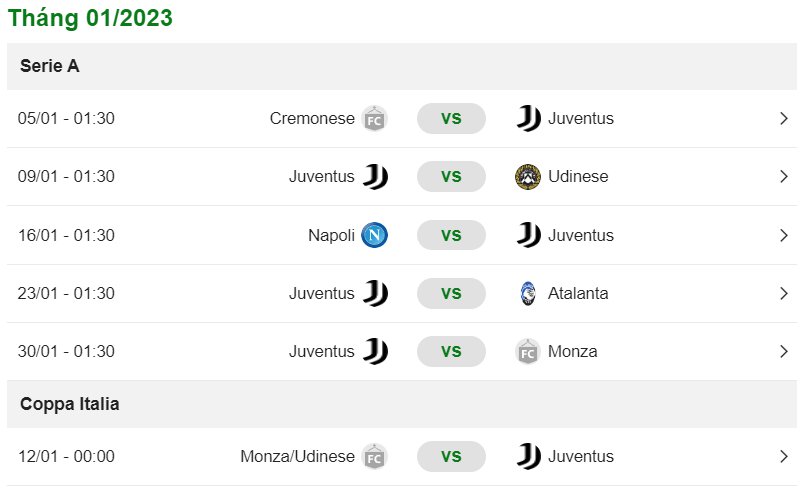 Lịch thi đấu của Juventus tháng 1