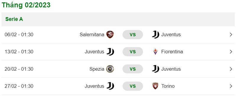 Lịch thi đấu tháng 2 của Juventus