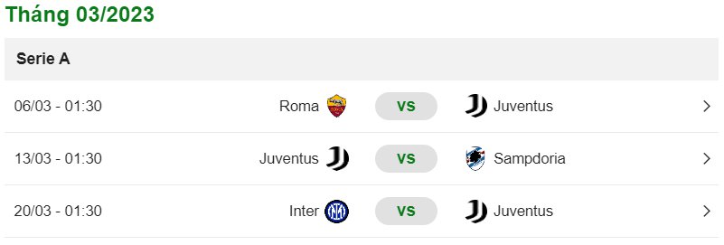 Lịch thi đấu tháng 3 của Juventus