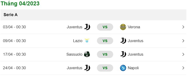 Lịch thi đấu tháng 4 của Juventus