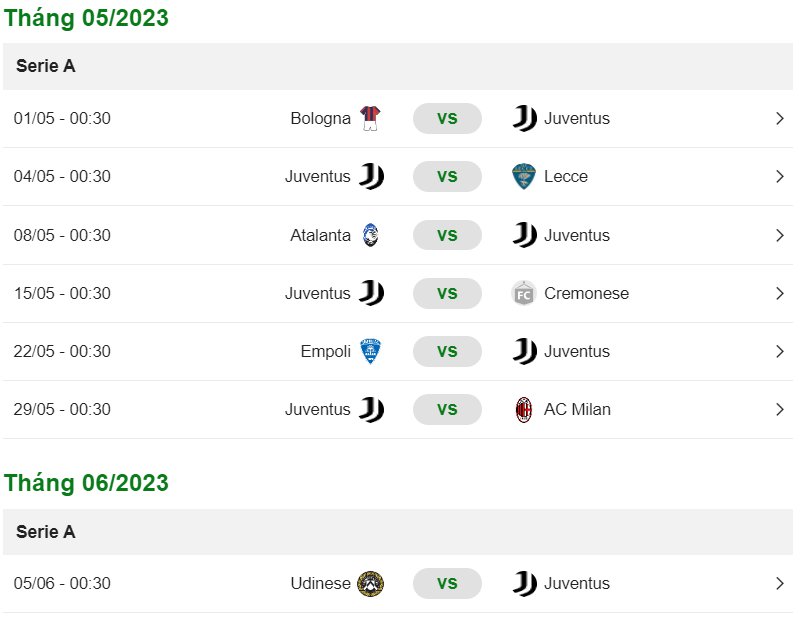 Lịch thi đấu Juventus 2022\2023