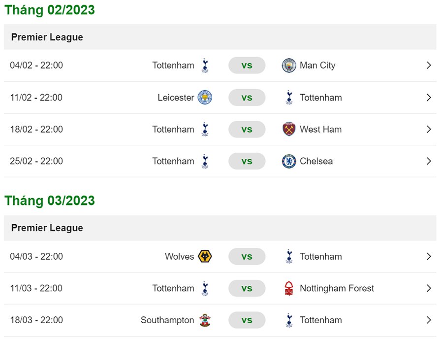 lịch thi đấu Tottenham 2022/2023