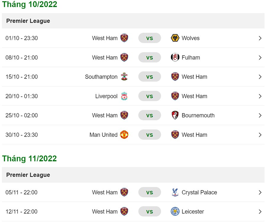 Lịch thi đấu West Ham 2022